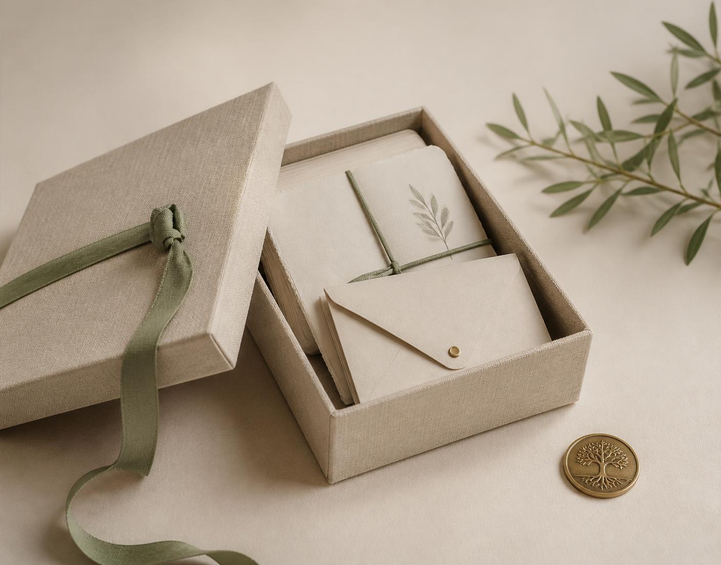 A linen-covered Tureya box, open — cards, an envelope, a small engraved token