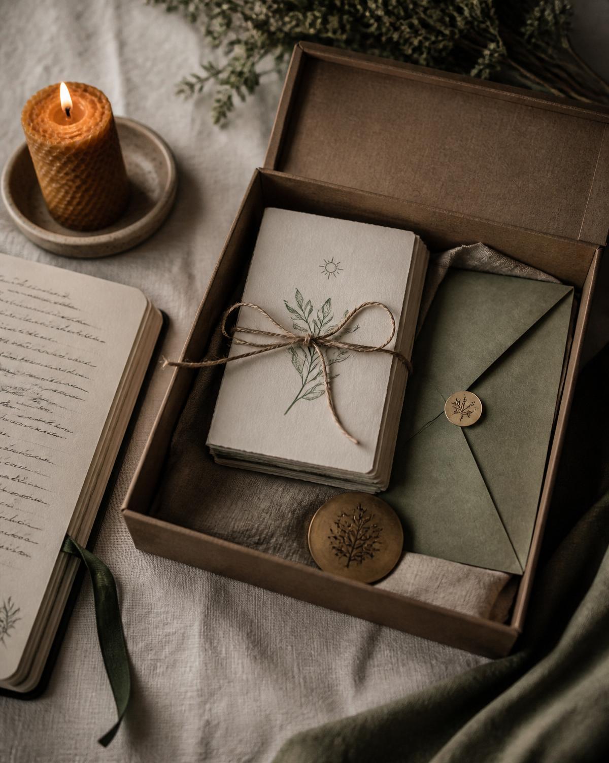 An open Tureya box on linen — cards tied with twine, a wax-sealed envelope, an engraved brass token, a notebook and a beeswax candle